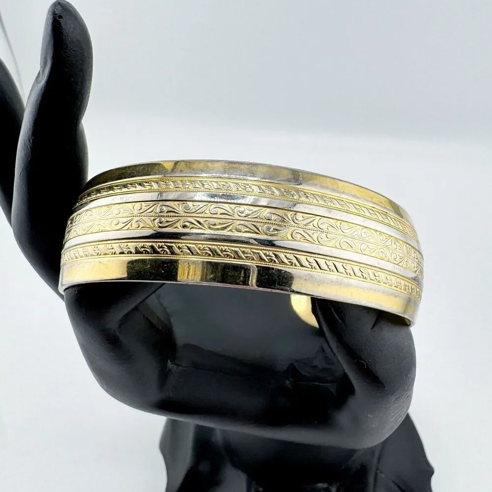 Vintage Filigree Gold Tone Cuff Bracelet Scrollwork Hero Chunky Retro